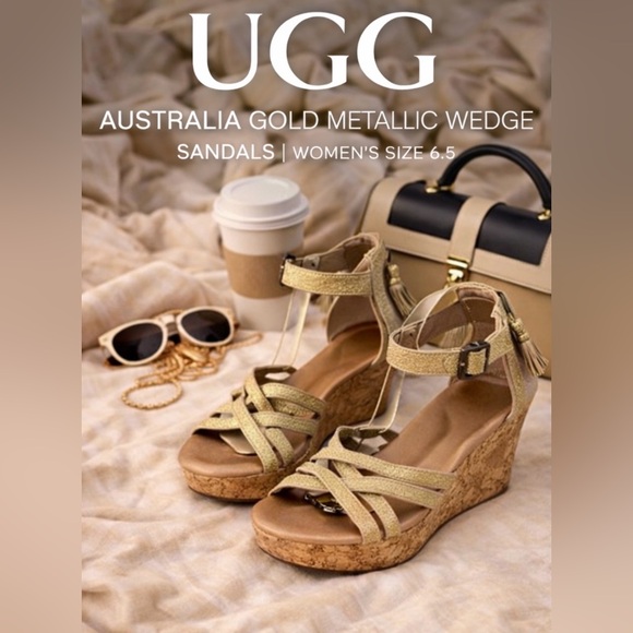 UGG Shoes - UGG Australia Gold Metallic Braided Wedge Sandals Women’s Size 6.5